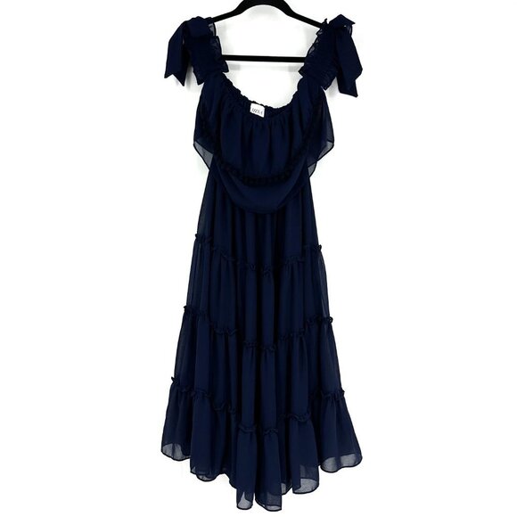 Misa Michaela Tiered Chiffon Off-Shoulder Midi Dress Navy Blue XS - Picture 3 of 12